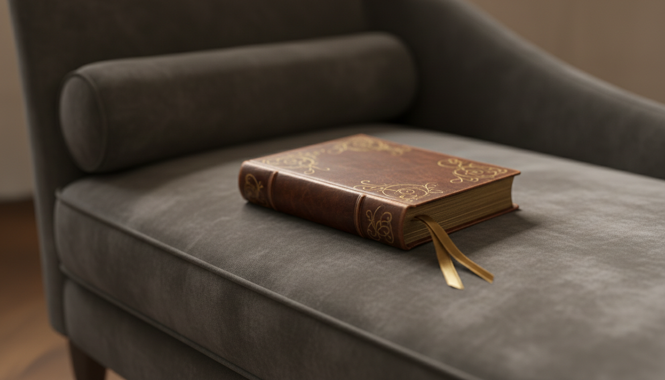 A finely bound vintage leather journal with a subtle, embossed gold pattern on its cover, and a matching silk ribbon bookmark peeking from its pages. The journal is elegantly positioned atop a charcoal-gray velvet chaise lounge in a softly lit, minimalist study. Ambient lighting from an unseen desk lamp casts gentle highlights along the journal’s textured surface and delicate shadows across the chaise. The mood is refined and contemplative, with a hint of mystery and allure. Shot from an eye-level composition with a shallow depth of field, allowing the sumptuous textures to stand out while the background fades into a muted blur. The overall style is photographic realism with a sophisticated, minimalist aesthetic—perfect for capturing the artistic, sensual nature of an erotica portfolio.