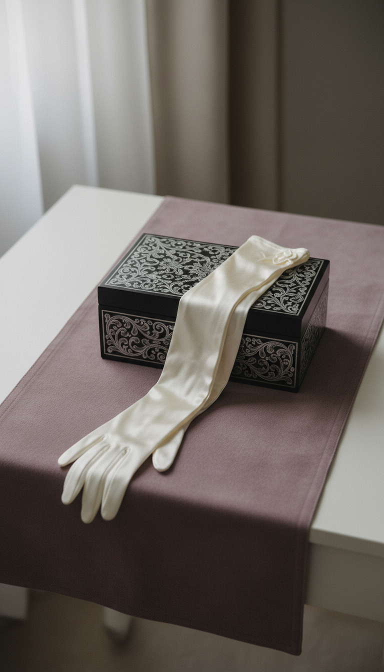 A pair of ivory silk gloves artfully draped over a matte black lacquer jewelry box with intricate silver filigree detailing. The objects rest on a muted plum suede table runner in a minimalist boudoir setting. Soft, diffused natural light enters from a side window, creating subtle gradients and refined shadows while lightly highlighting the sheen of the gloves and the box's elegant contours. Framed in a centered composition from a slightly elevated angle, the image evokes understated sensuality and quiet anticipation. The scene is imbued with a sophisticated, luxurious atmosphere, employing photographic realism and refined, minimalist elements with a muted color palette to reflect the elevated taste and subdued sensuality of Domino Huxley’s erotica portfolio.